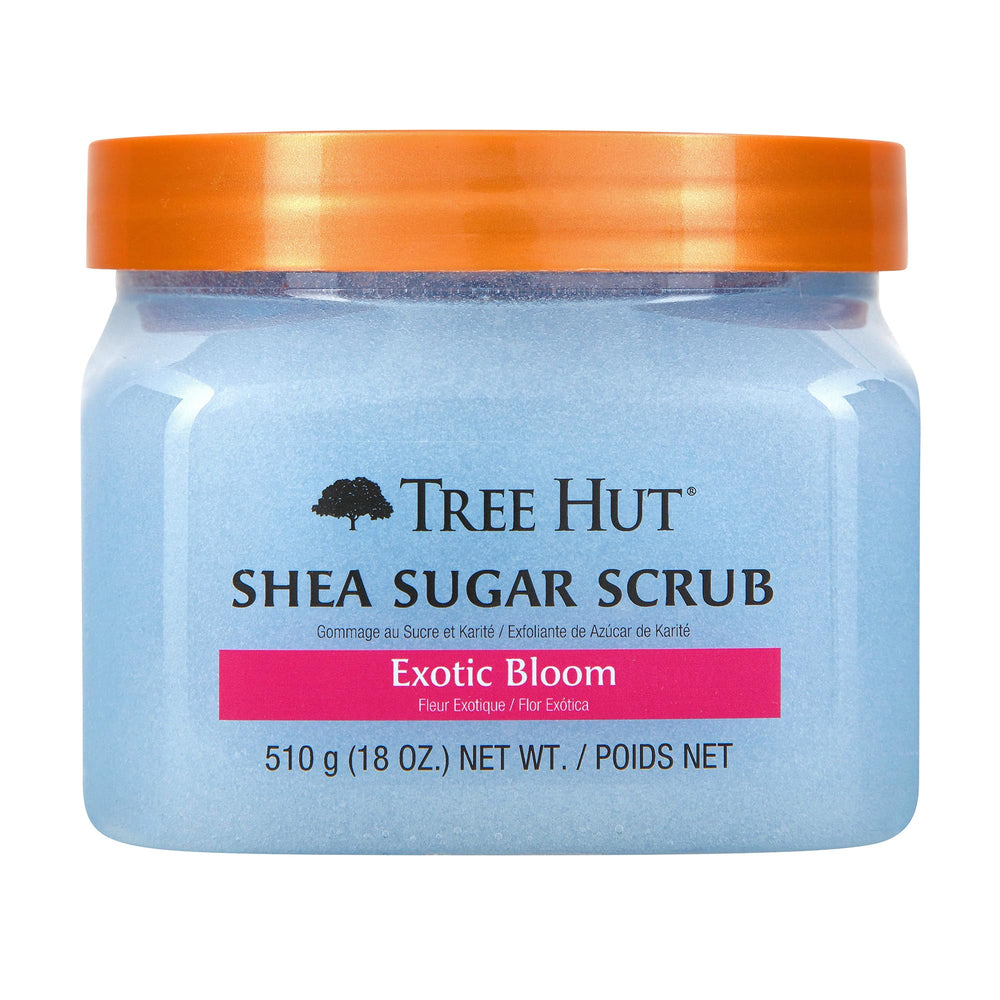 Tree Hut Exotic Bloom sugar scrub jar shows exfoliating beads for smooth skin