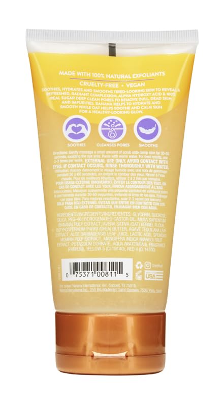 Tree Hut Nourishing Banana & Oat Face Scrub packaging highlights vegan, paraben-free formula