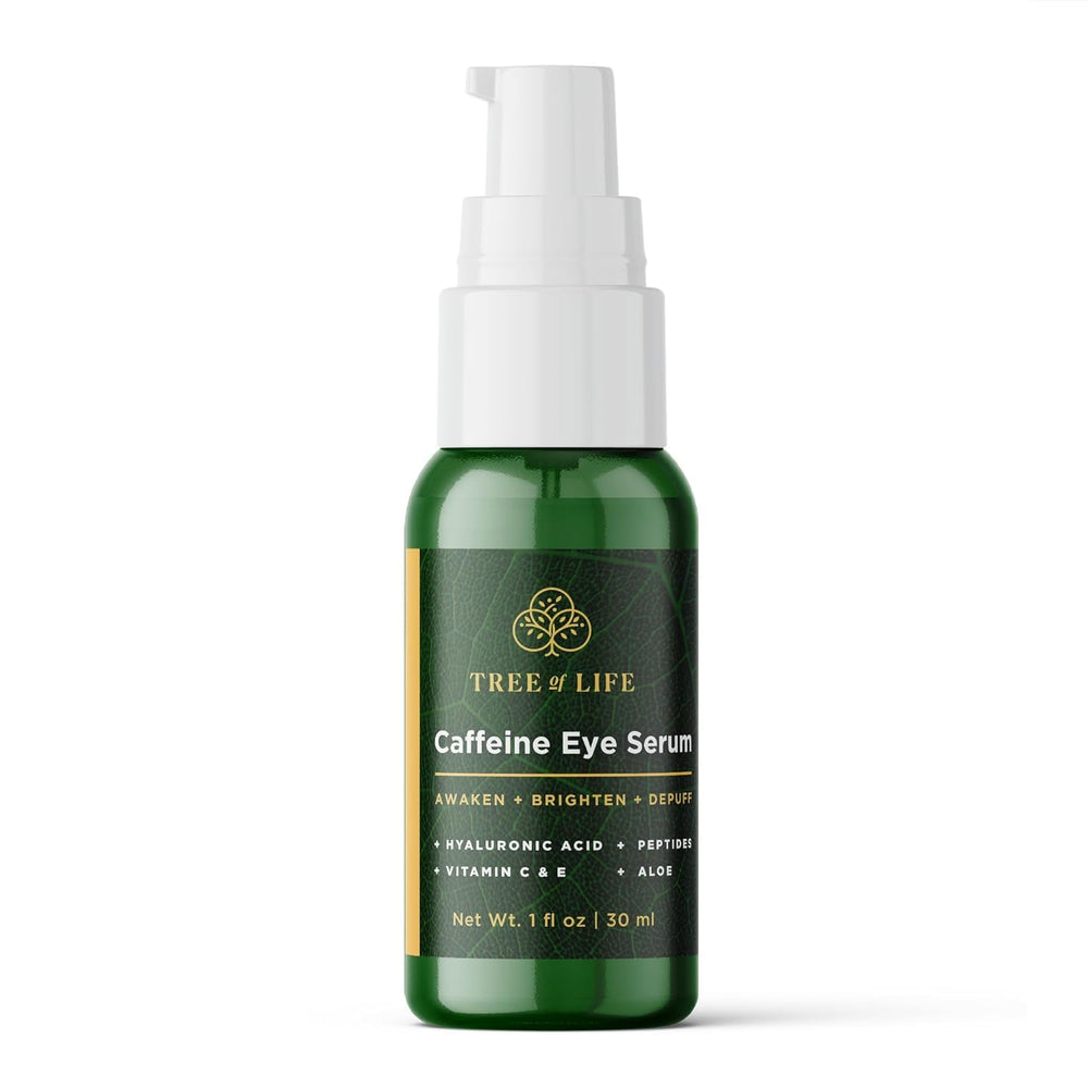 Tree of Life Beauty caffeine eye serum bottle demonstrates daily hydration and brightening potential.