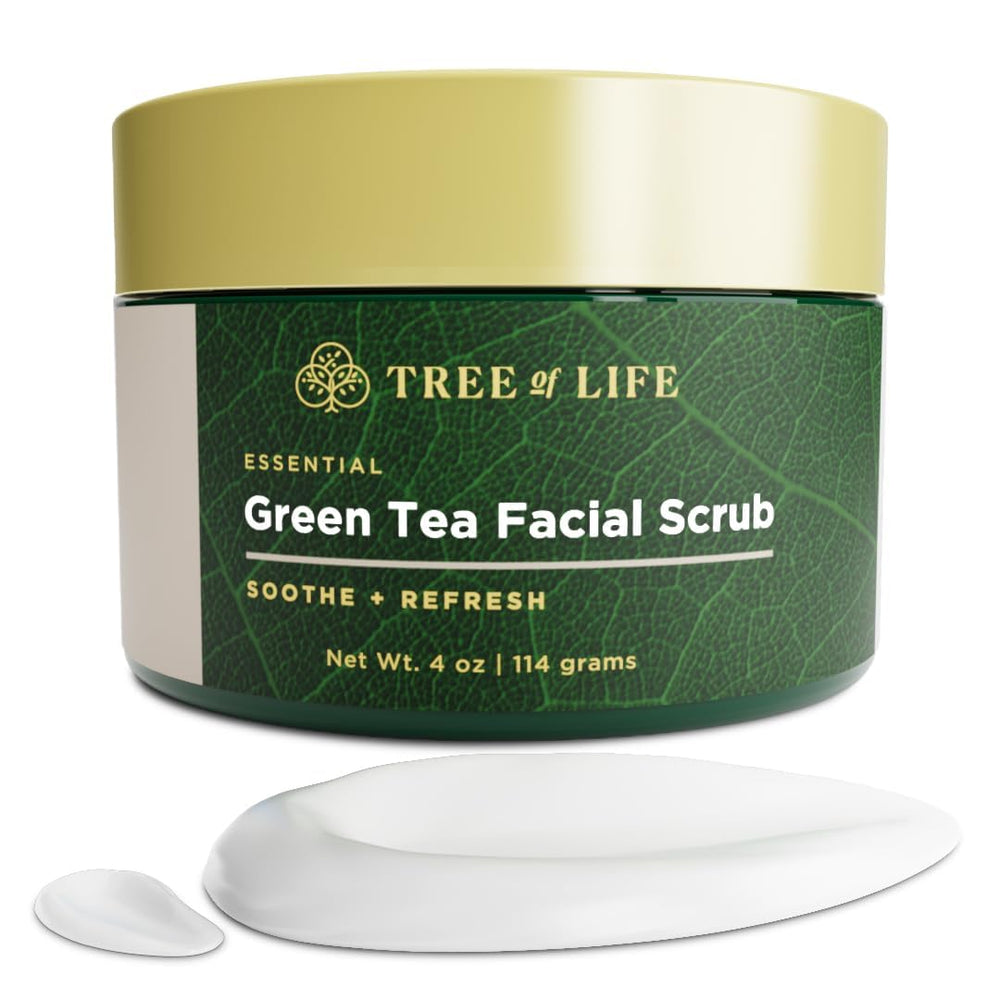 Tree of Life Beauty exfoliating scrub bottle shows antioxidant-rich formula for glowing skin