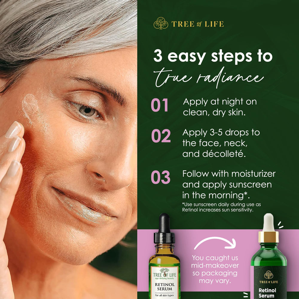 Tree of Life Beauty Retinol Serum on face promotes smoother, hydrated skin