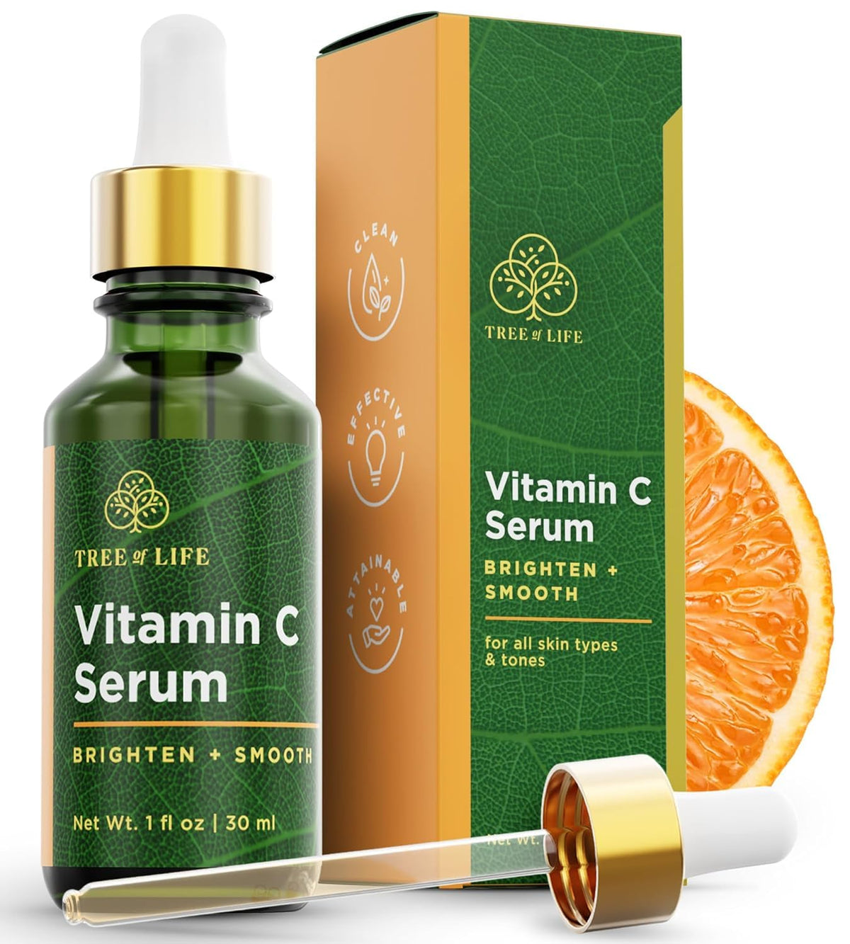 Tree of Life Beauty Vitamin C serum bottle closeup for radiant skin.