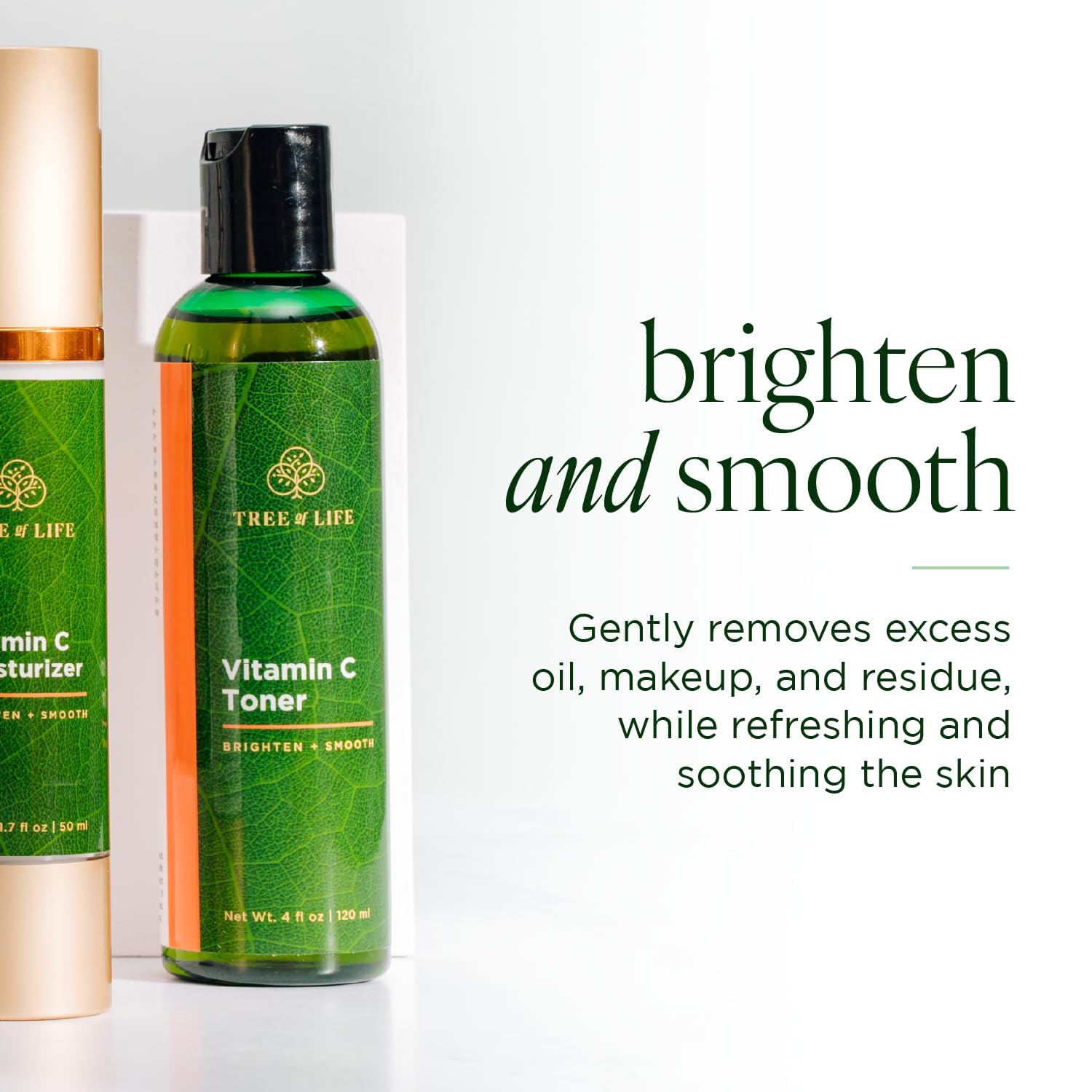 Tree of Life Beauty Vitamin C Toner with aloe leaf conveys natural skincare and calm.