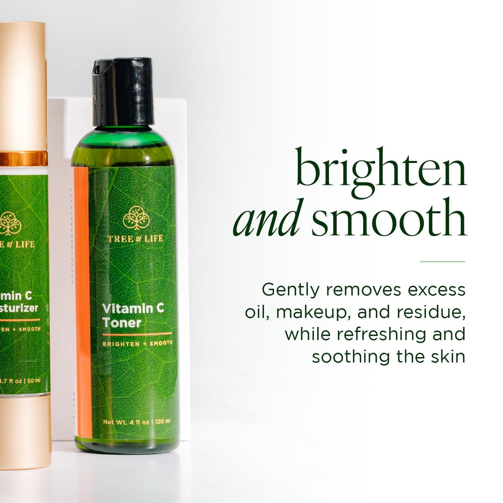 Tree of Life Beauty Vitamin C Toner with aloe leaf conveys natural skincare and calm.