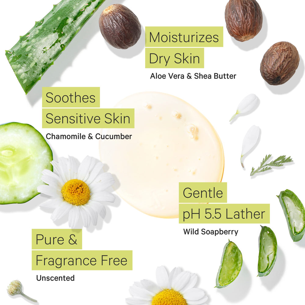 Tree to Tub organic shea butter and aloe deliver lightweight hydration after washing.