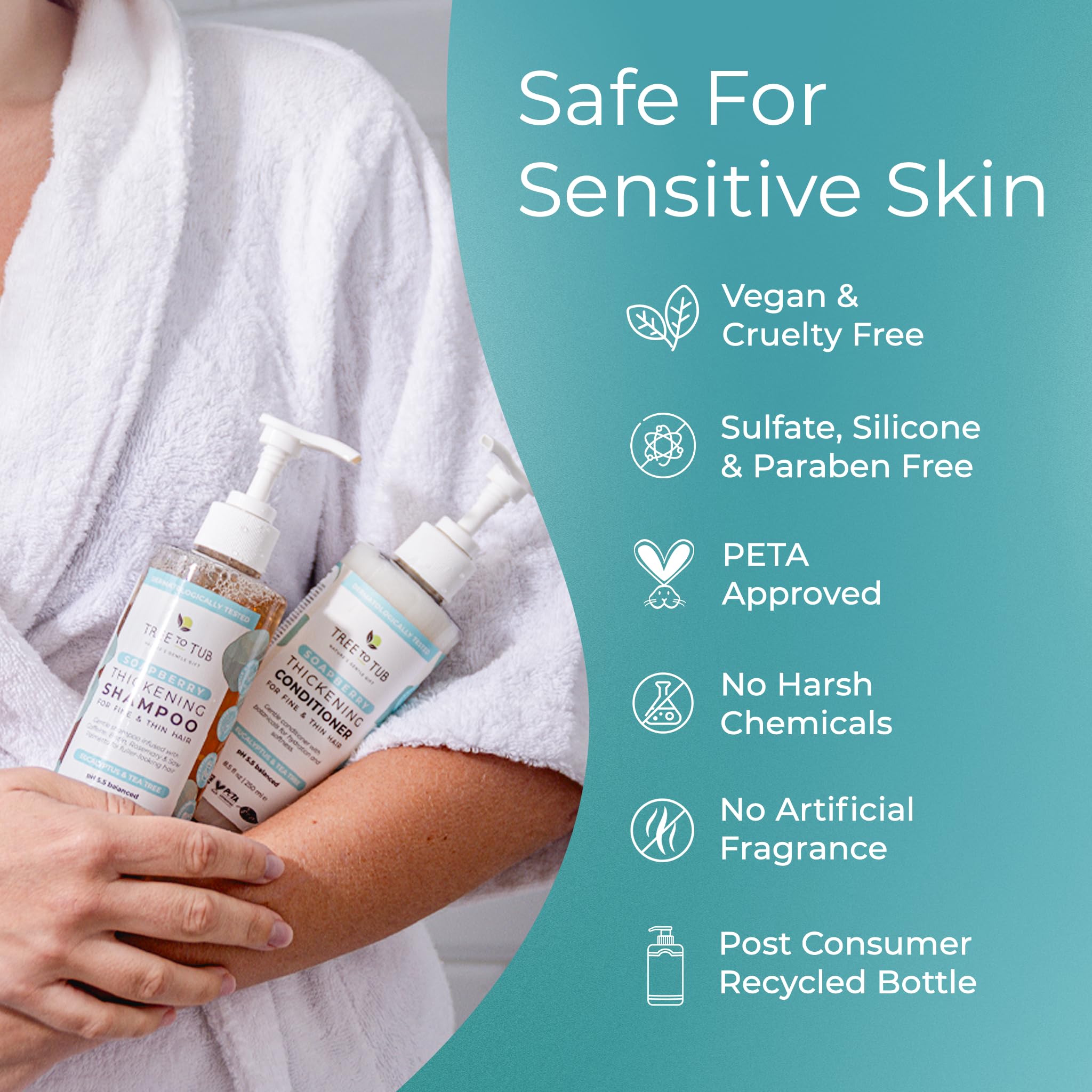 Tree to Tub Biotin Fine Hair Shampoo bottle on sink conveys sulfate-free cleansing routine