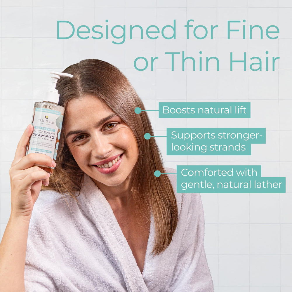 Tree to Tub Biotin Fine Hair Shampoo tea tree oil drop suggests refreshing scalp care