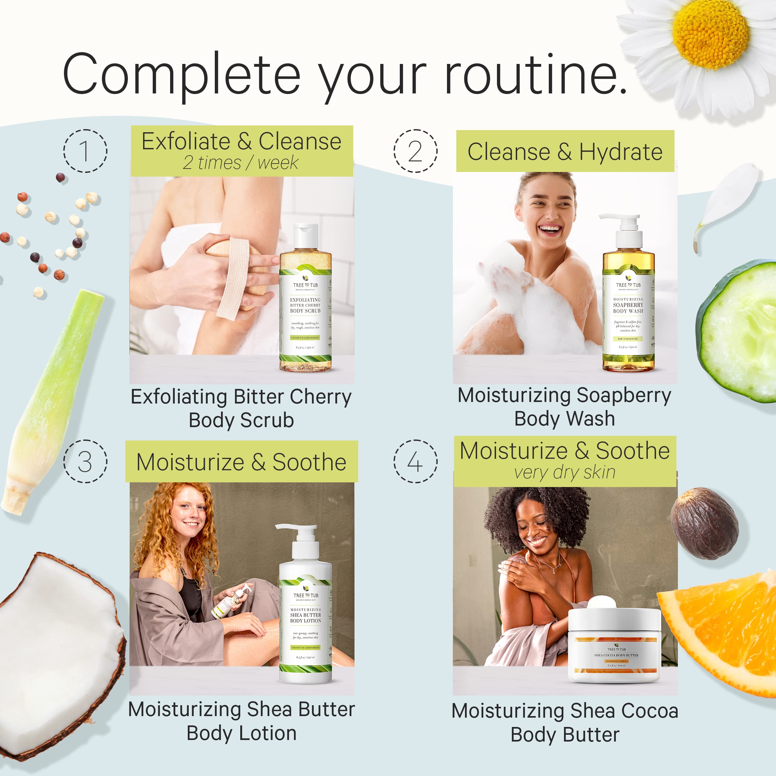 Tree to Tub branding in a clean bathroom setting signals trusted natural skincare.