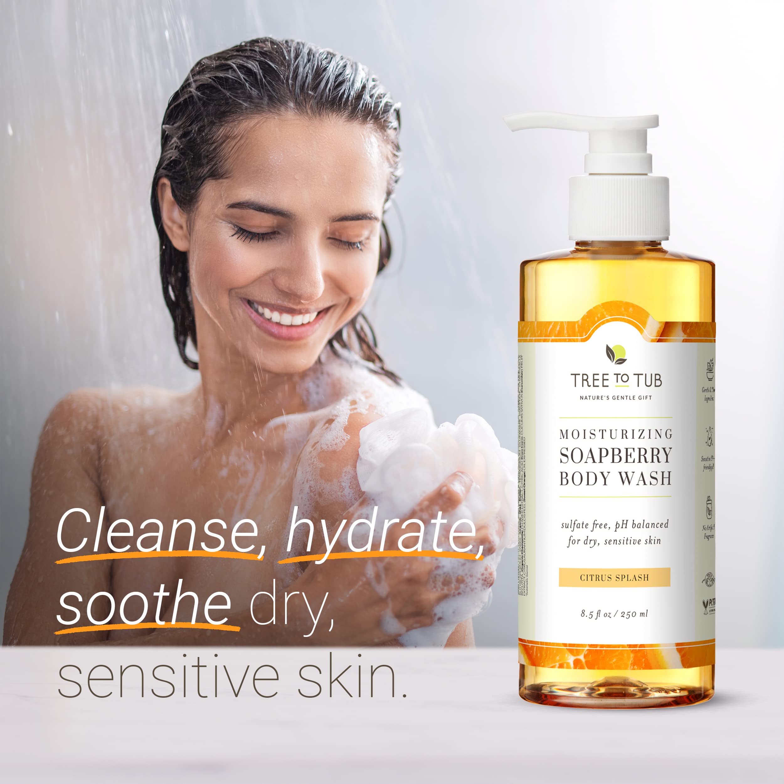 Tree to Tub Citrus Body Wash pump for an easy, mess-free shower.