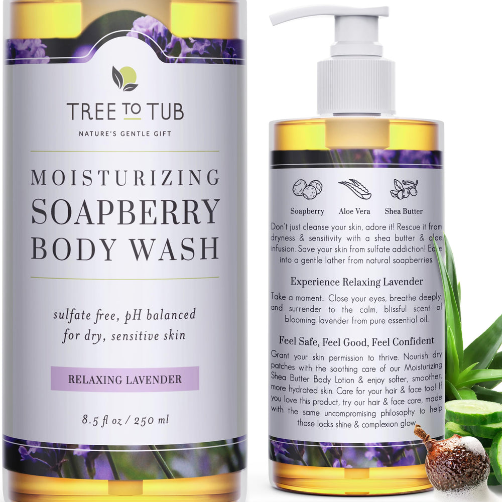 Tree to Tub Lavender Body Wash bottle pour shows gentle cleansing for sensitive and dry skin.