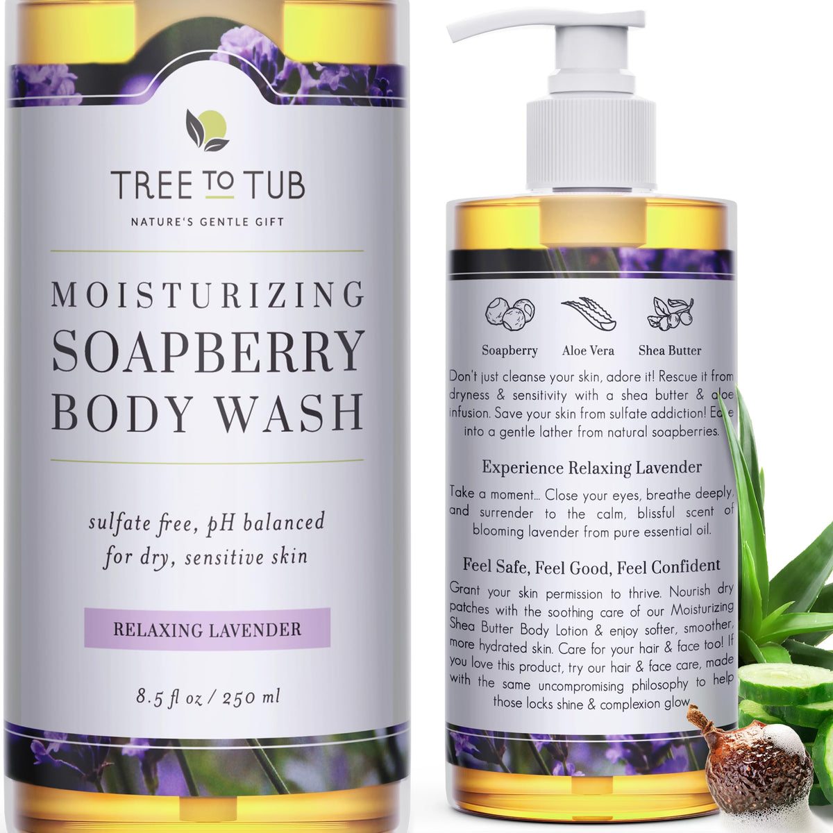Tree to Tub Lavender Body Wash bottle pour shows gentle cleansing for sensitive and dry skin.