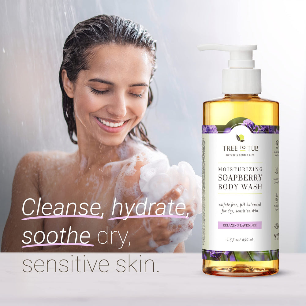 Tree to Tub Lavender Body Wash organic-shea-butter nourishes and moisturizes skin.