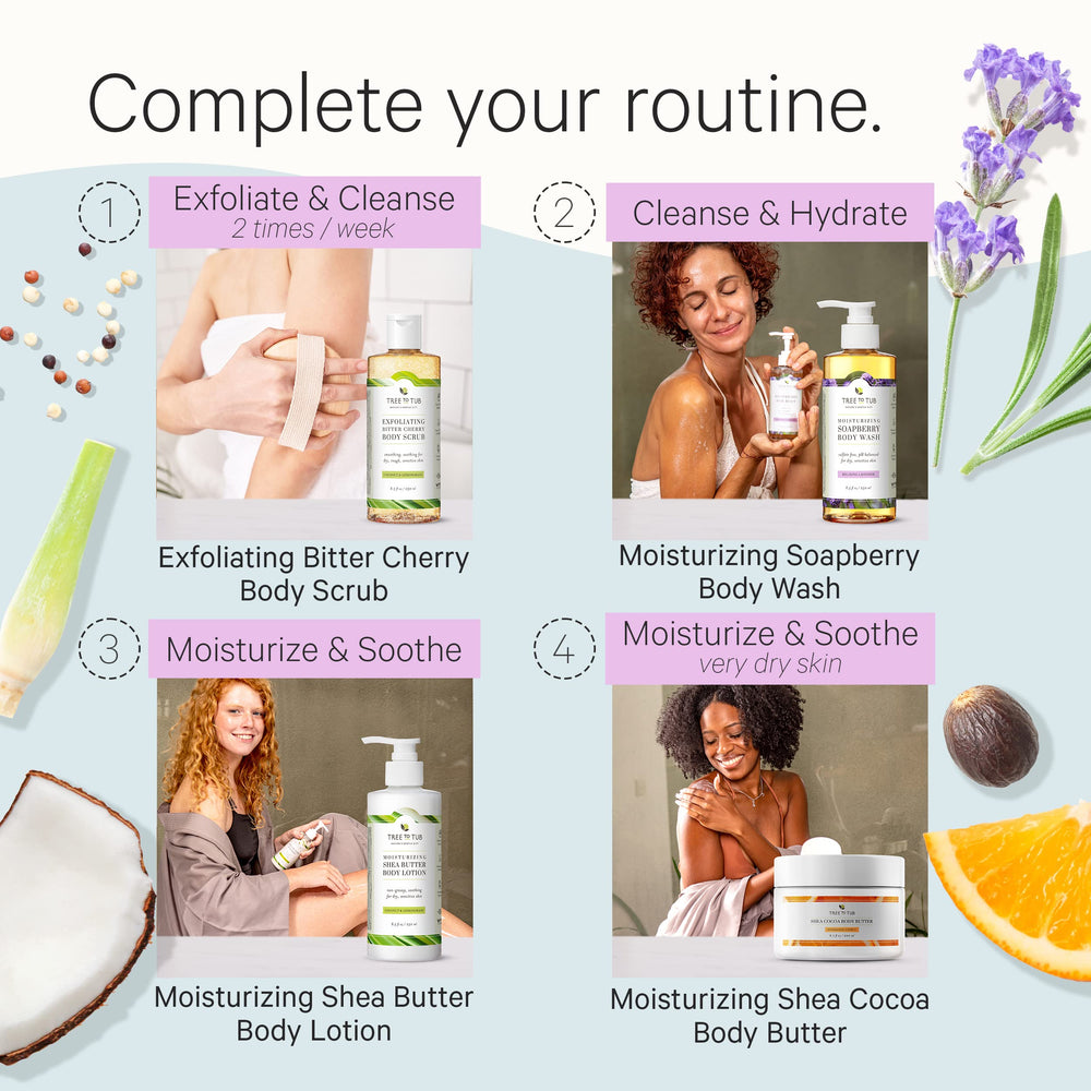 Tree to Tub Lavender Body Wash sensitive-skin-label highlights hypoallergenic, vegan, sulfate-free care.