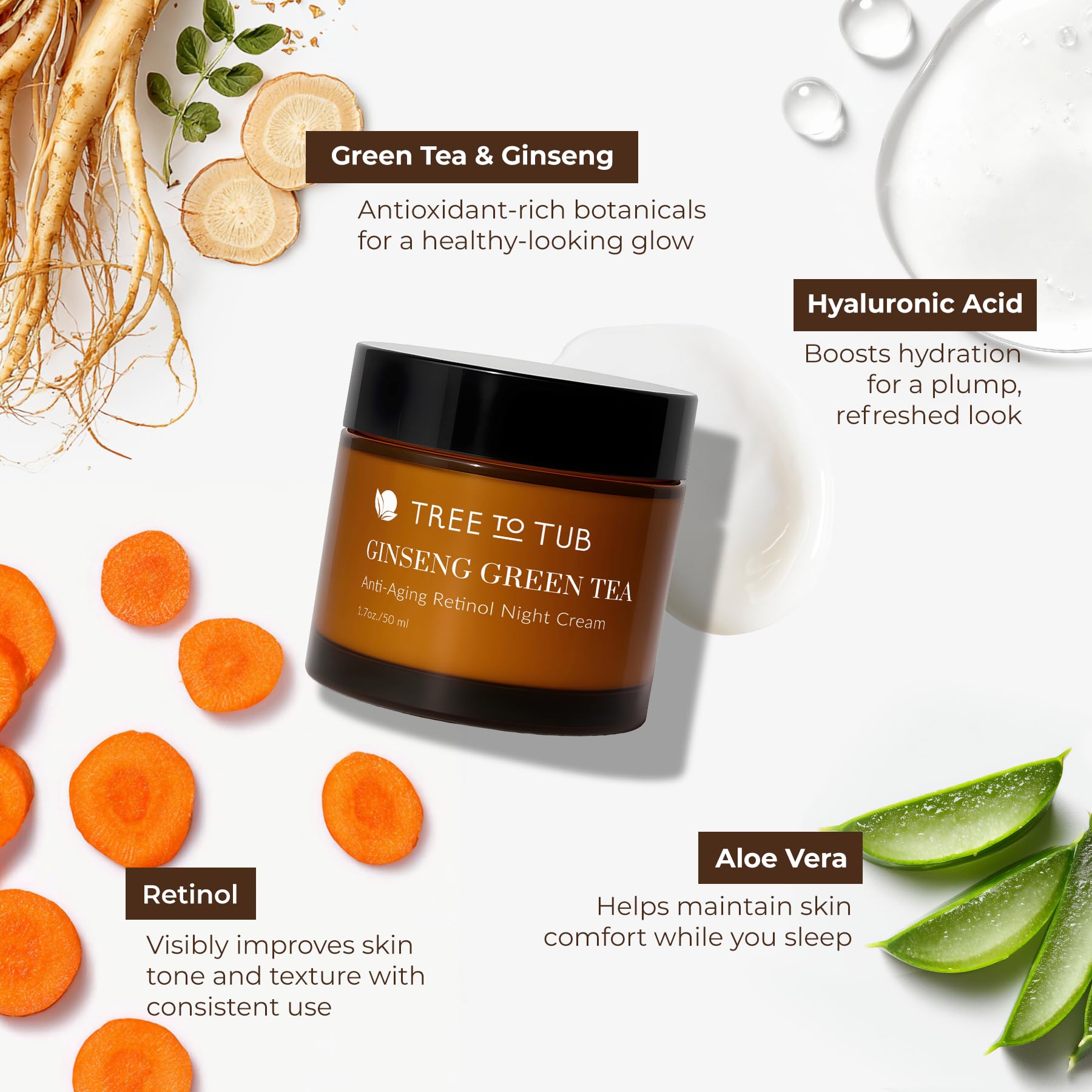 Tree to Tub natural ginseng ingredient shot suggests revitalizing skin support.