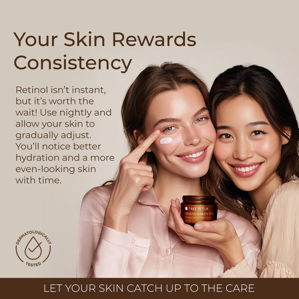 Tree to Tub night skincare routine scene captures calming evening care.