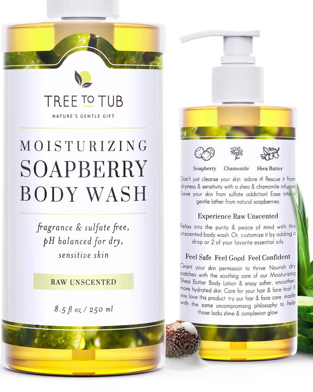 Tree to Tub unscented body wash bottle front—fragrance-free cleansing for sensitive skin.