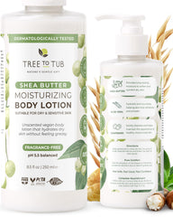 Tree to Tub Unscented Shea Butter Lotion bottle demonstrates fragrance-free hydration for dry skin.