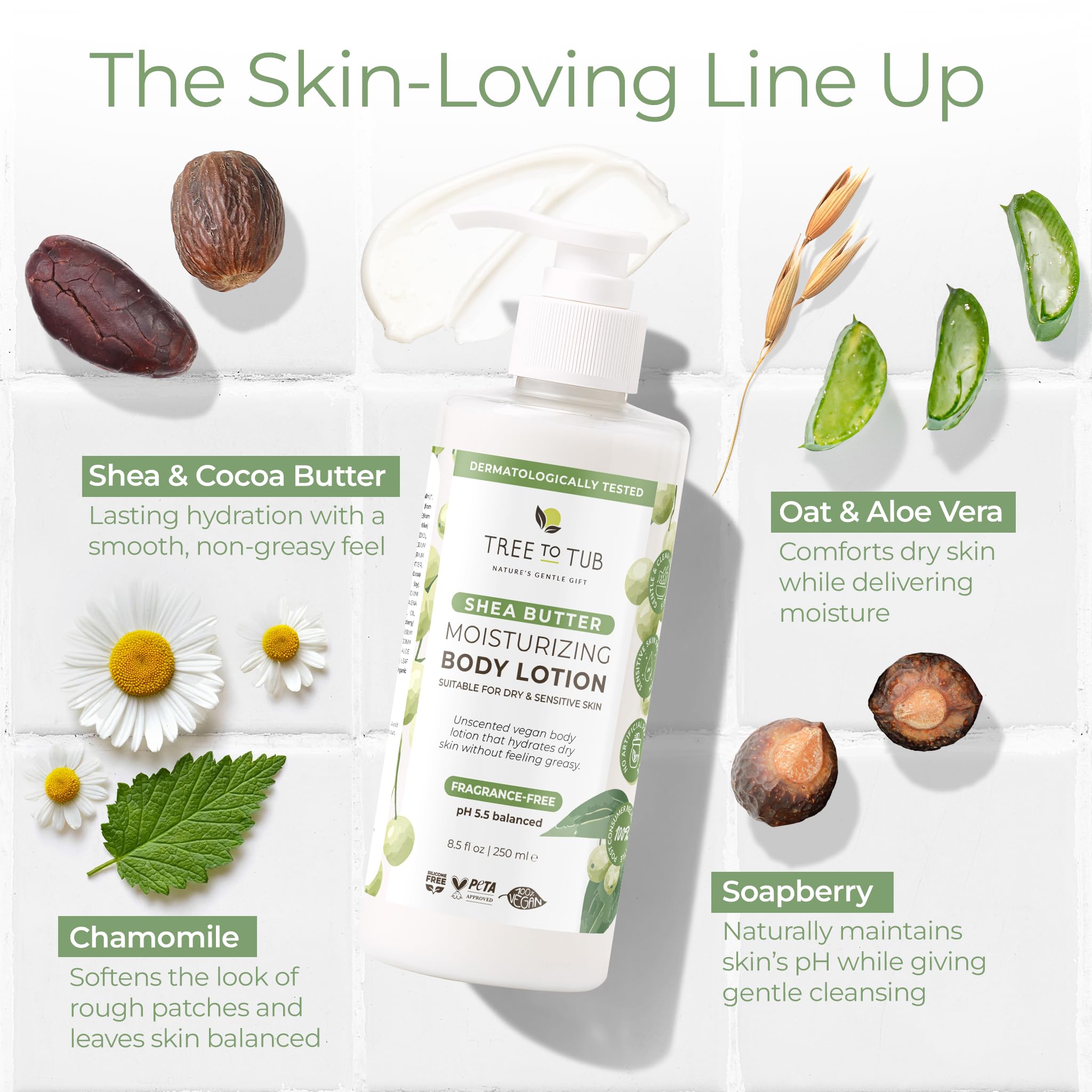 Tree to Tub Unscented Shea Butter Lotion fragrance-free label emphasizes sensitive-skin friendly formula.
