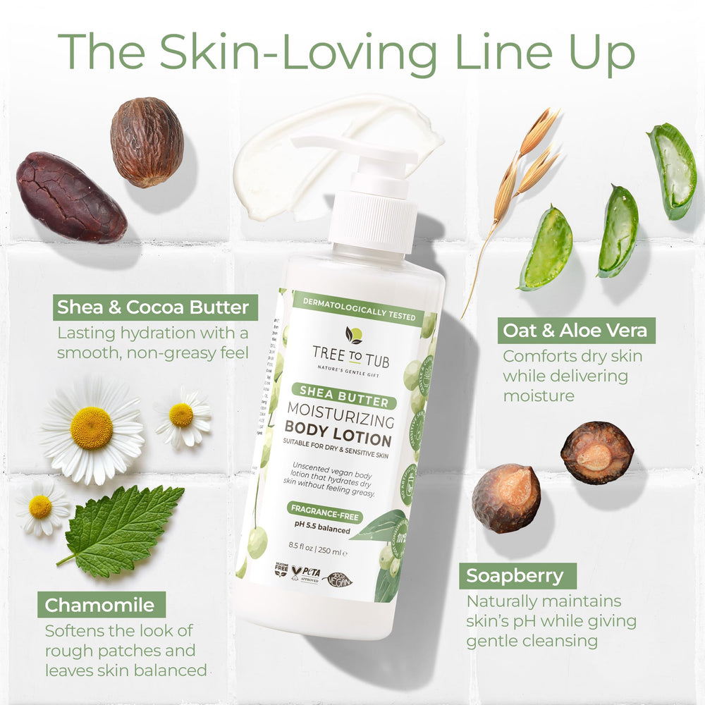 Tree to Tub Unscented Shea Butter Lotion fragrance-free label emphasizes sensitive-skin friendly formula.