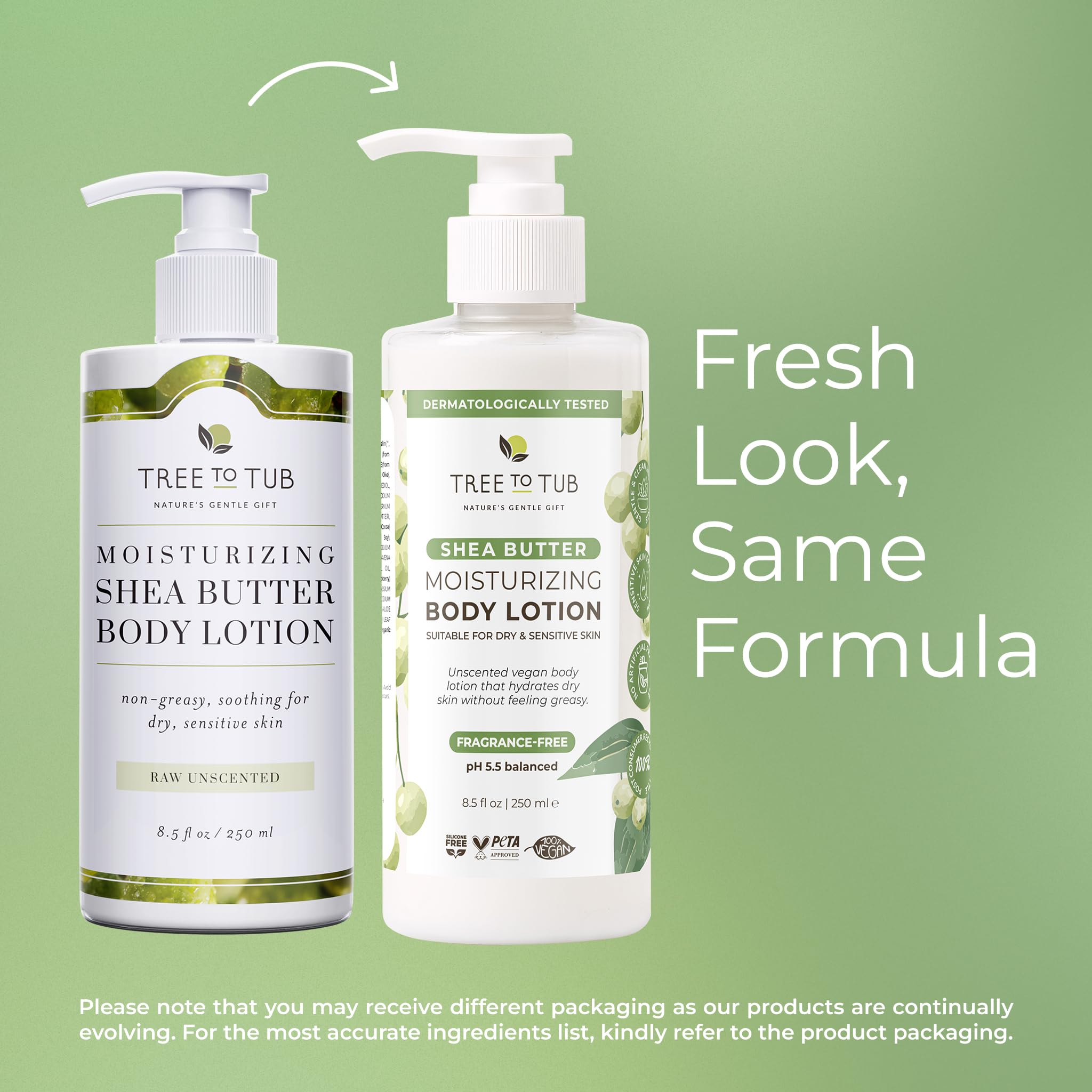 Tree to Tub Unscented Shea Butter Lotion packaging showcases sustainable, minimal ingredients.