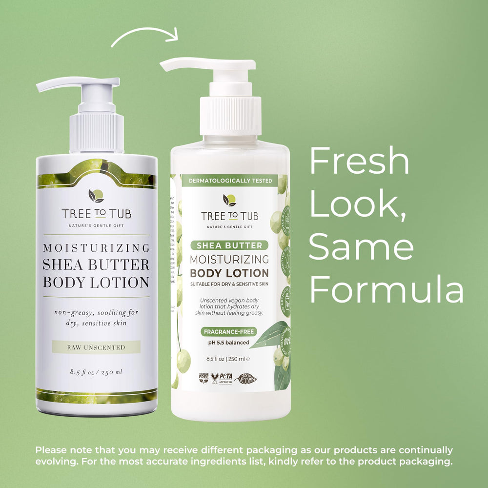 Tree to Tub Unscented Shea Butter Lotion packaging showcases sustainable, minimal ingredients.