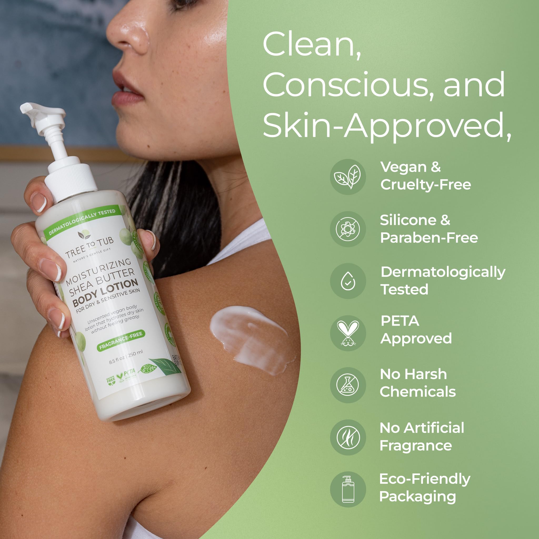 Tree to Tub Unscented Shea Butter Lotion on rack suggests daily skincare routine for dry skin.