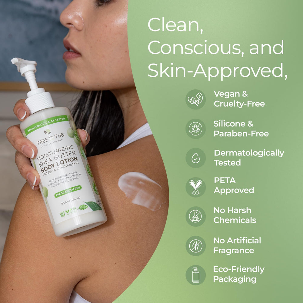 Tree to Tub Unscented Shea Butter Lotion on rack suggests daily skincare routine for dry skin.