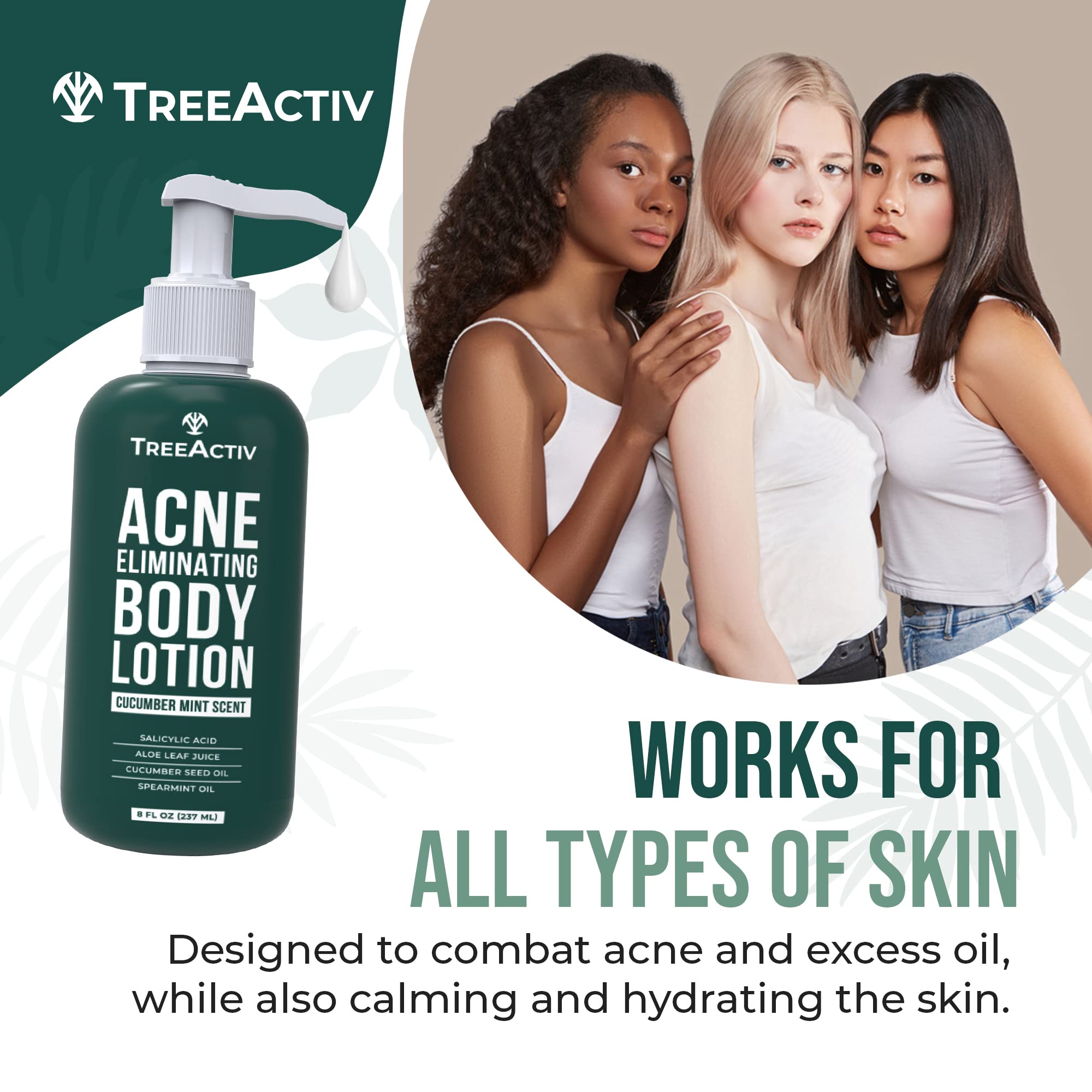 TreeActiv Acne Eliminating Body Lotion pump action showing easy daily moisturization
