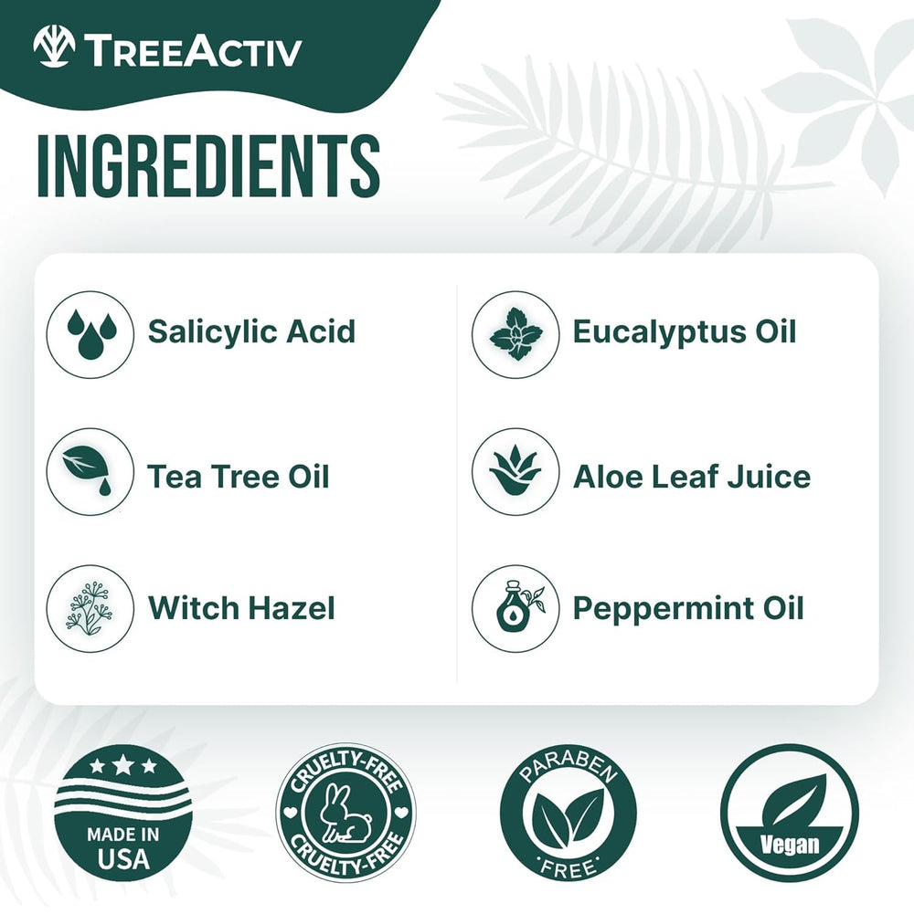 TreeActiv Back Acne Spray closeup emphasizes pore-targeted application.