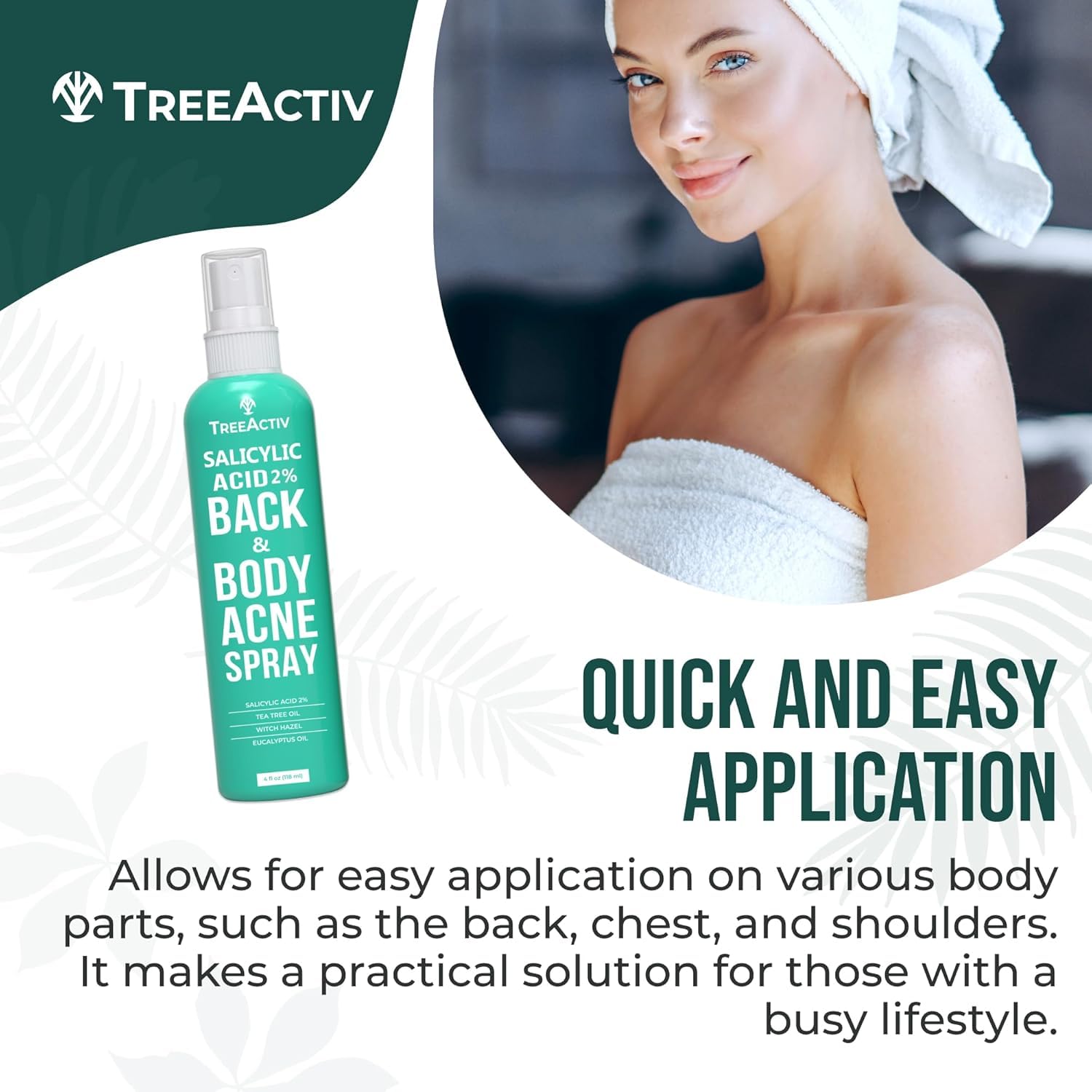 TreeActiv Body Acne Spray application on arm demonstrates easy, quick-dry formula.