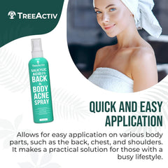 TreeActiv Body Acne Spray application on arm demonstrates easy, quick-dry formula.