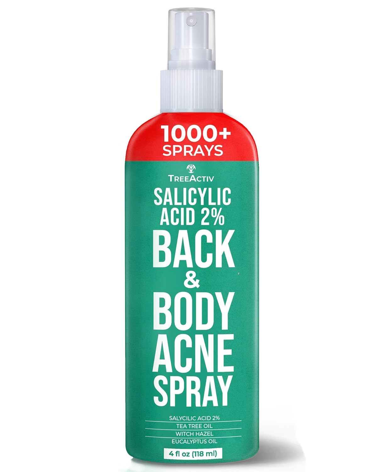 TreeActiv Body Acne Spray bottle front view for on-the-go use.