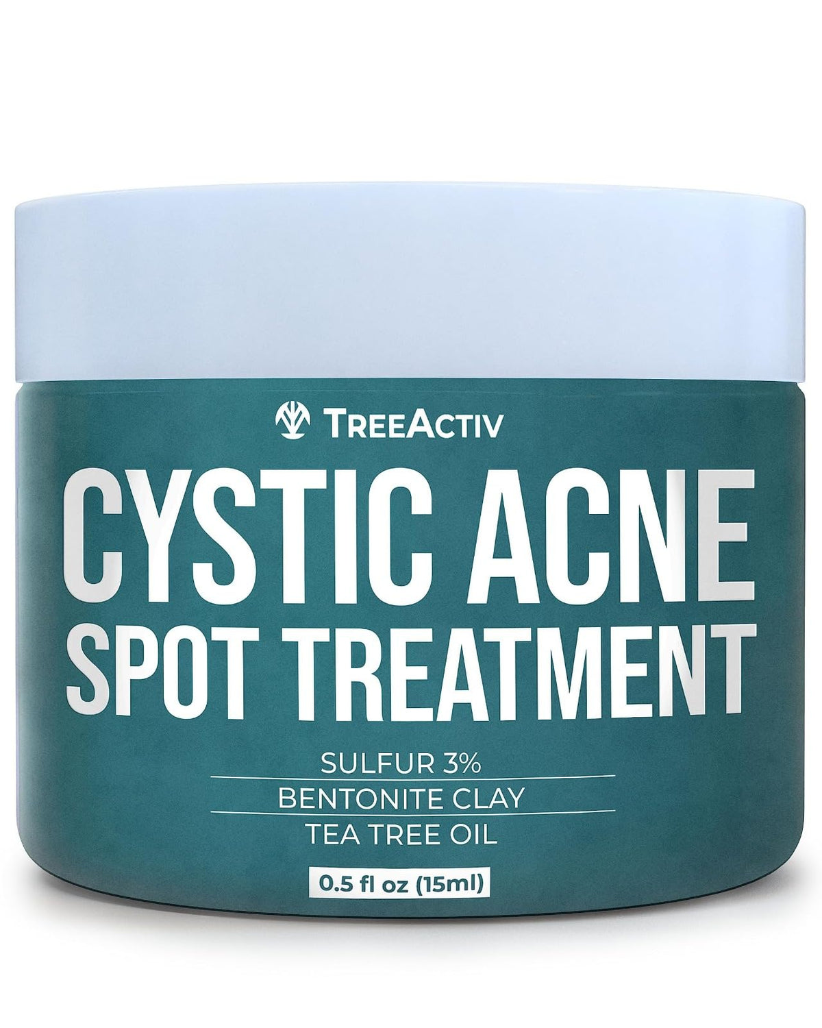 TreeActiv cystic acne spot-treatment bottle closeup demonstrates a long-lasting face and body solution.