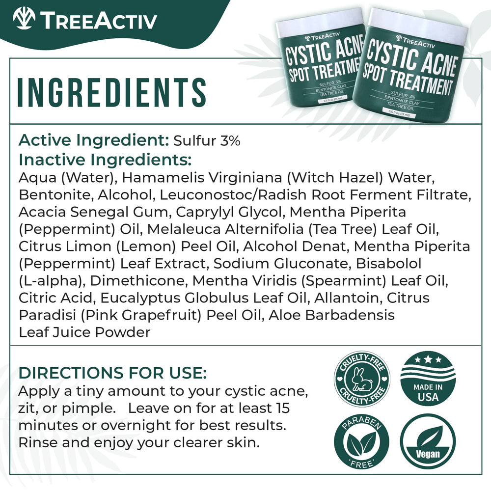 TreeActiv cystic acne spot-treatment on face and body demonstrates versatile, discreet use.