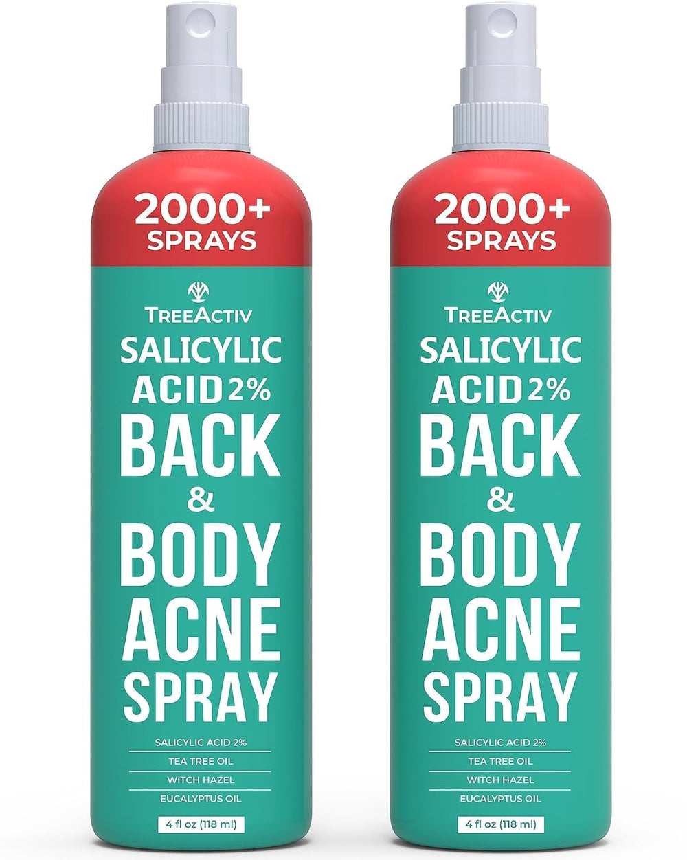 TreeActiv salicylic back acne spray bottle demonstrates fast-drying, non-staining acne care.