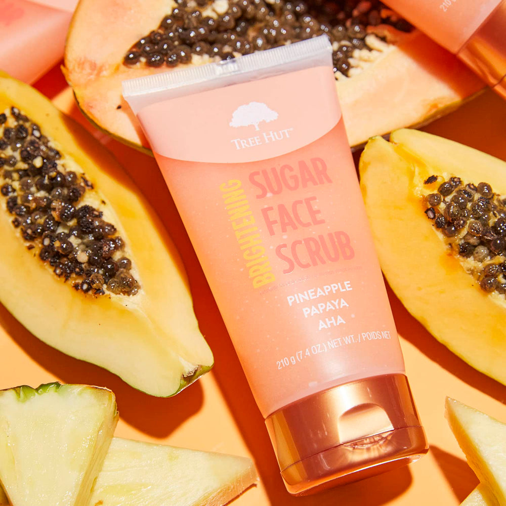 Tree Hut Pineapple & Papaya Face Scrub rinse reveals smooth, renewed skin.