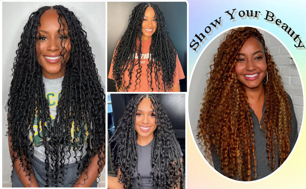 Long 30-inch curls styled for boho-chic look and versatility.