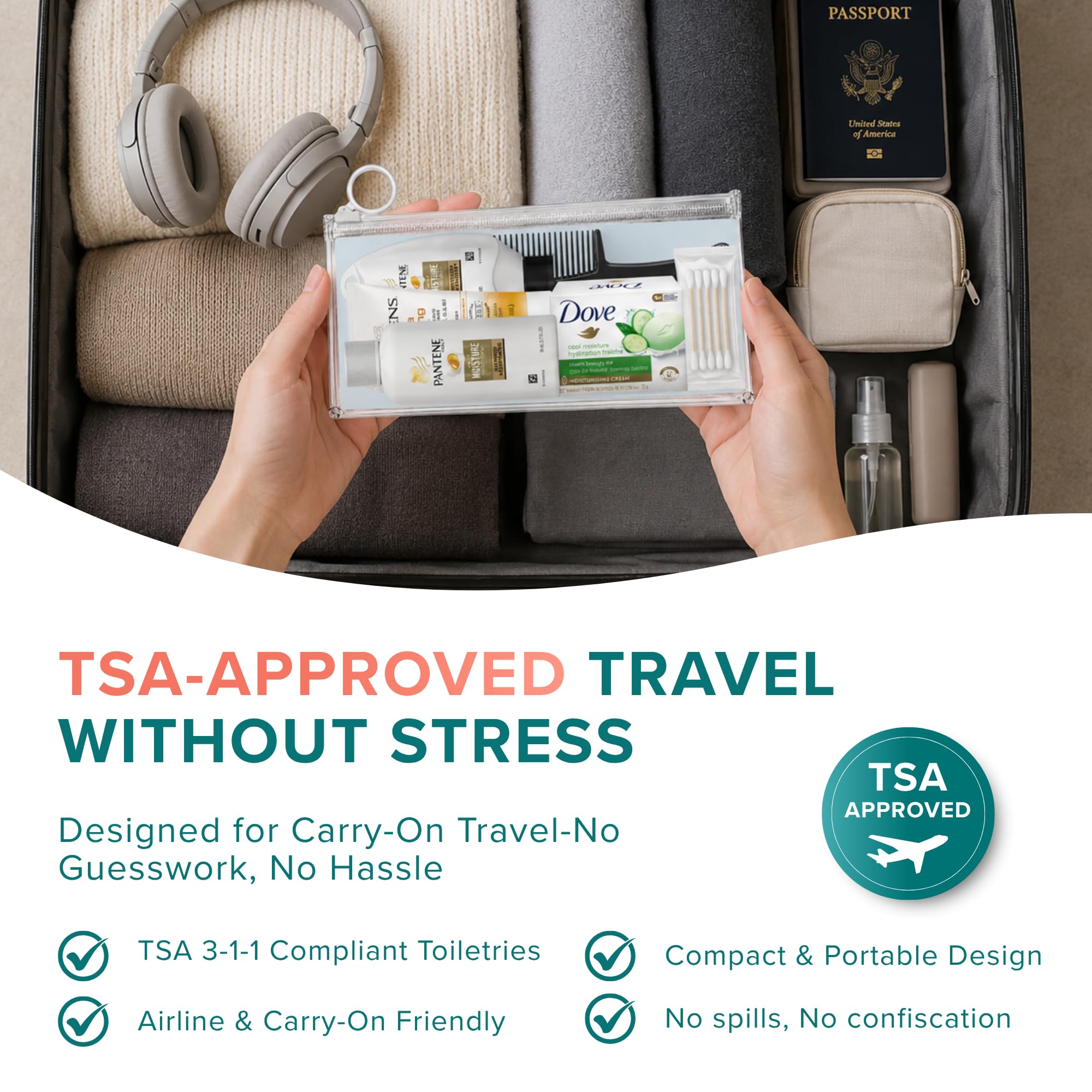 TREKTOTE kit next to passport showing compact sizes for easy packing