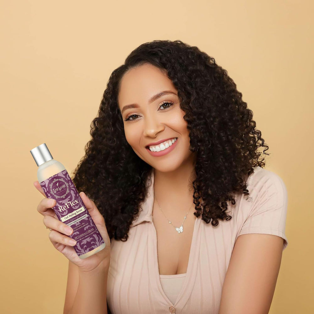 Treluxe Reflex Curl Styling Serum application in hands for even distribution