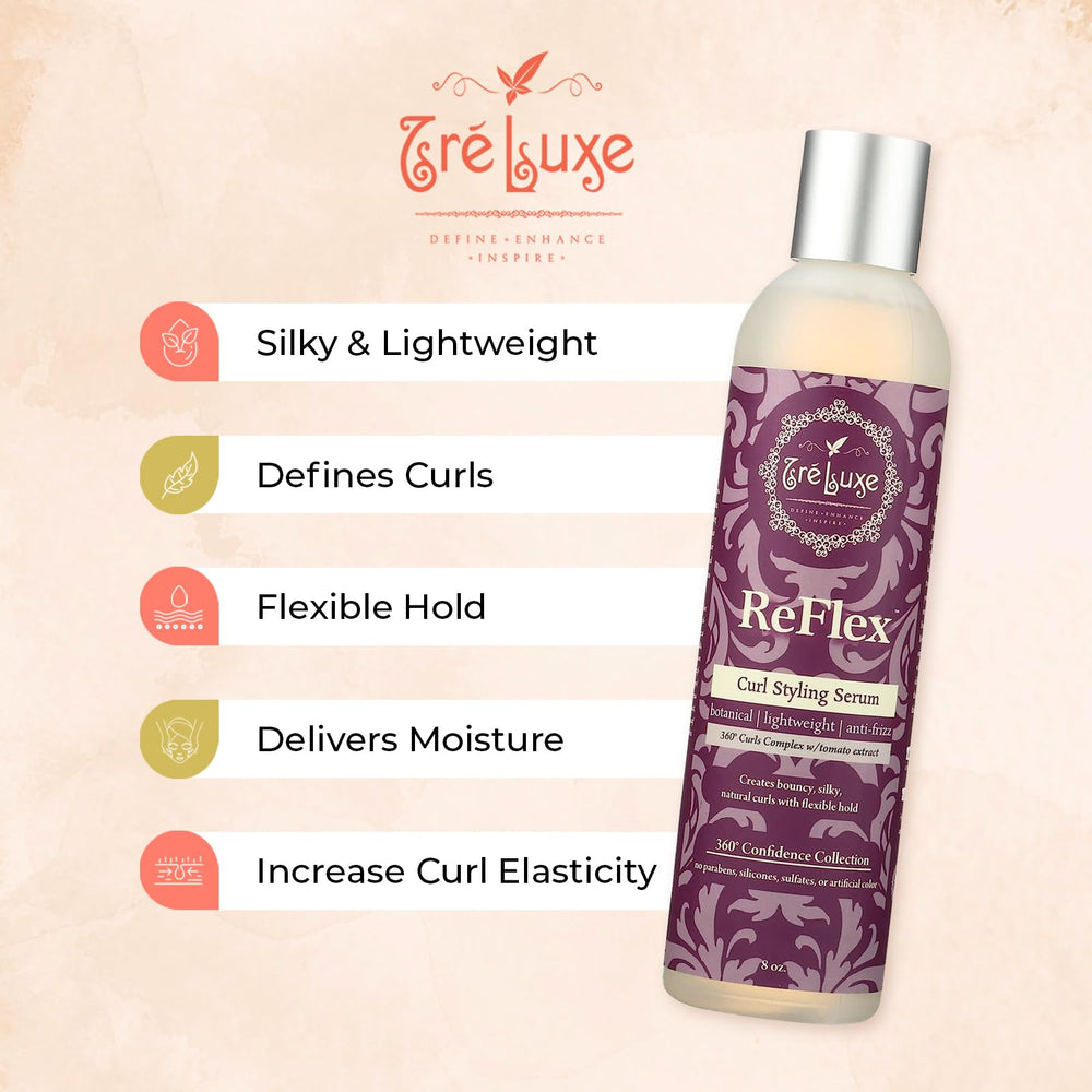 Treluxe Reflex Curl Styling Serum label closeup highlights branding