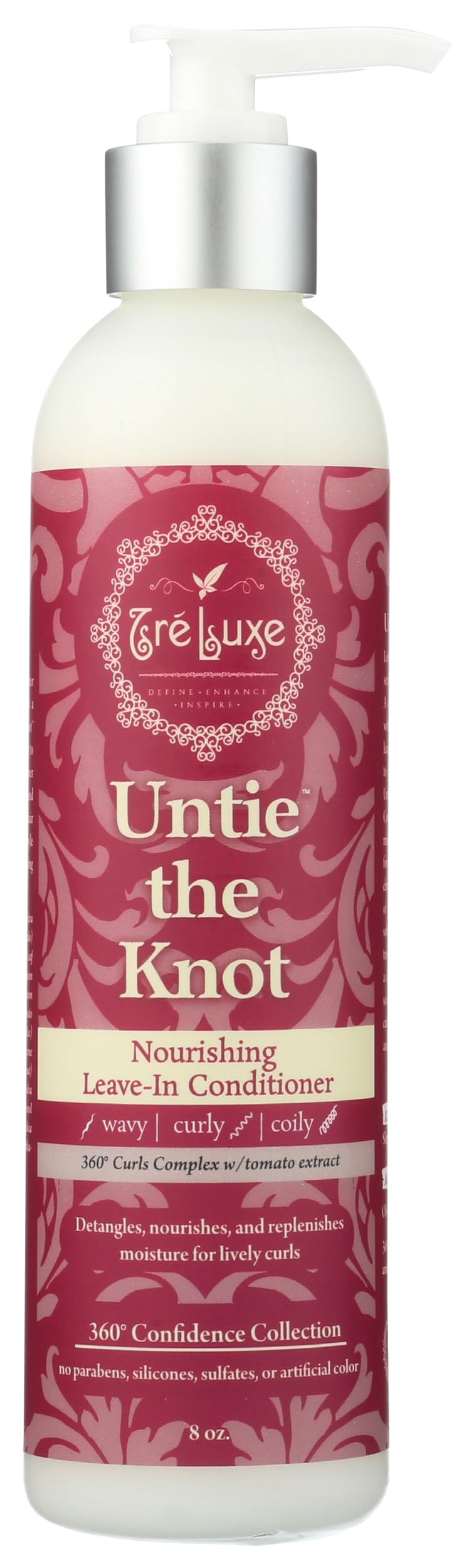 Treluxe Untie The Knot Leave-In Bottle Closeup showing sleek packaging for easy styling