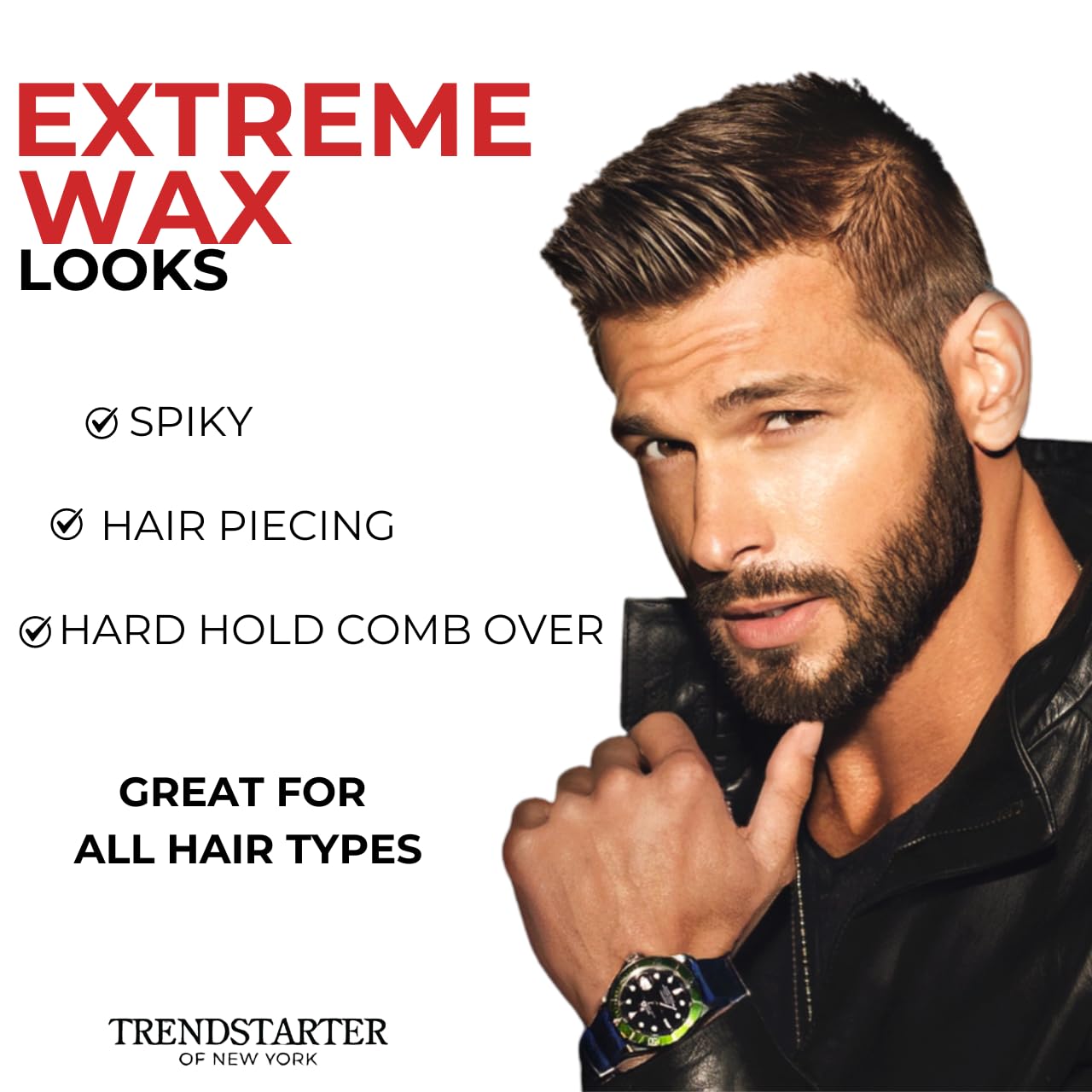 TRENDSTARTER Extreme Wax flake-free pomade keeps styles intact.