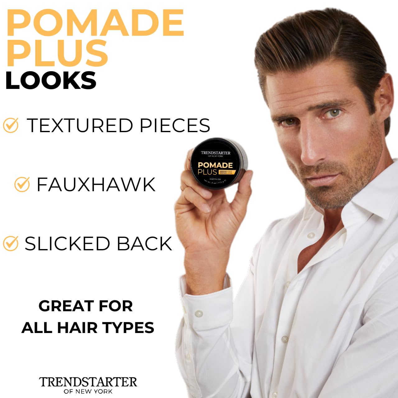 TRENDSTARTER Pomade Plus argan oil ingredient nourishes and conditions hair.