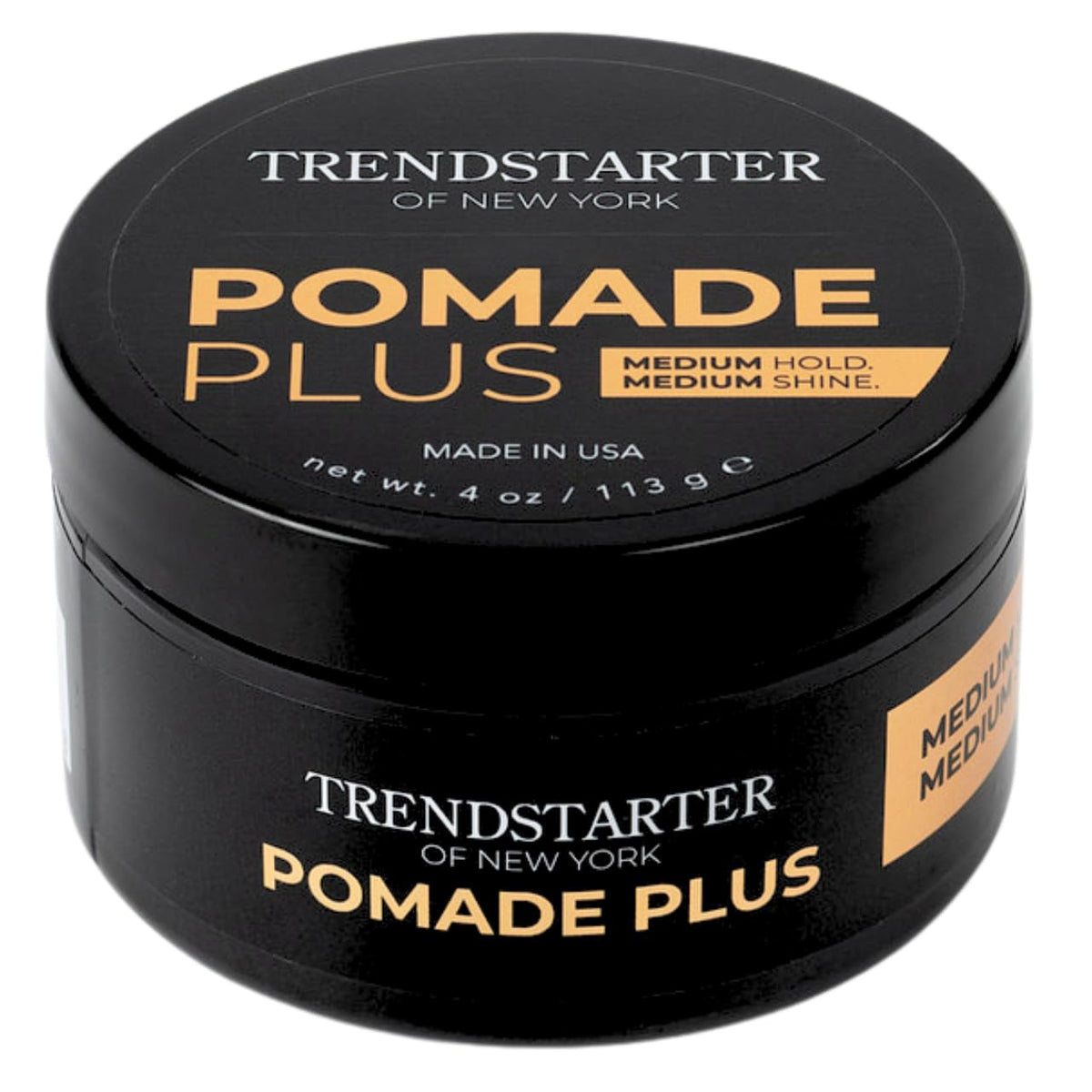 TRENDSTARTER Pomade Plus bottle front shows gel hold for defined combed styles.