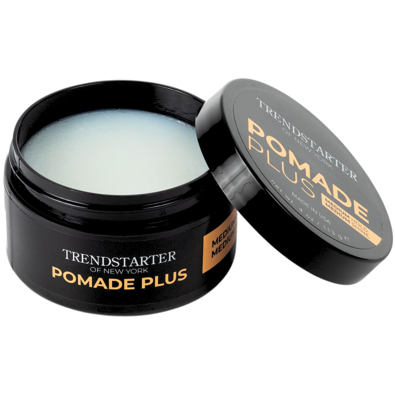 TRENDSTARTER Pomade Plus USA-made seal indicates quality craftsmanship.