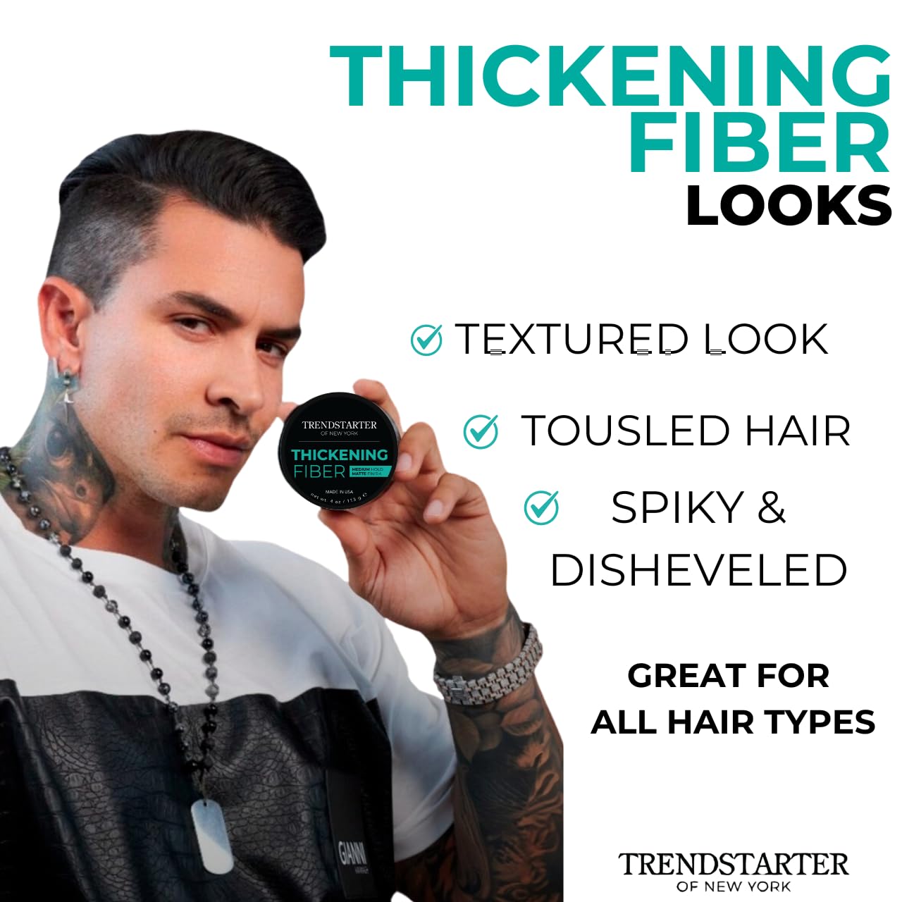 TRENDSTARTER Thickening Fiber close up of matte finish on styled hair