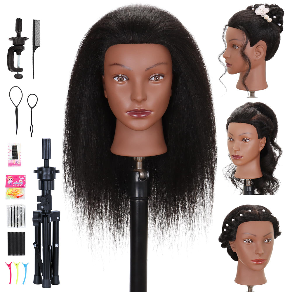 Treosida mannequin head with real hair and clamp stand for authentic practice.