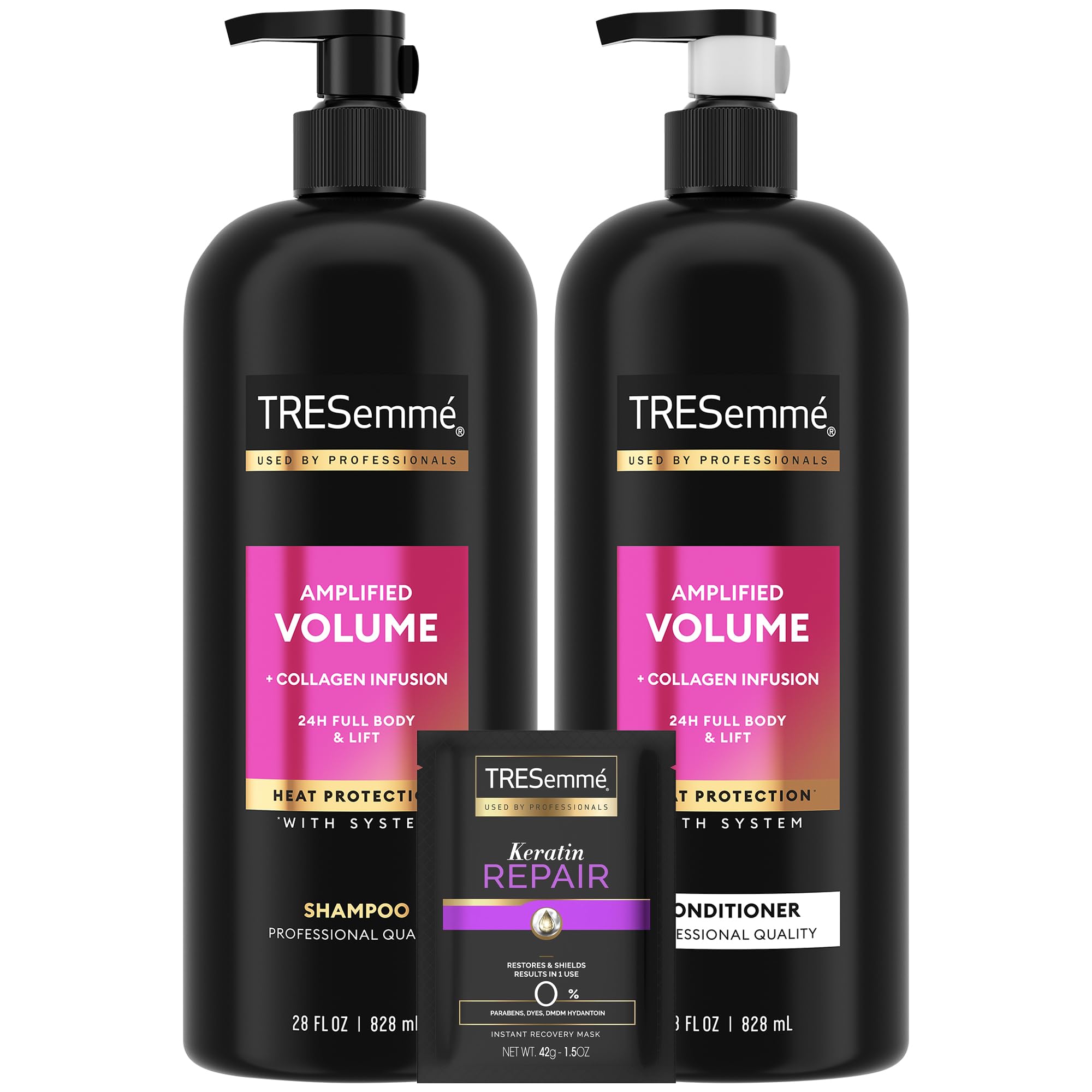 TRESemmé Amplified Volume Shampoo bottle shows root lift for fuller hair.