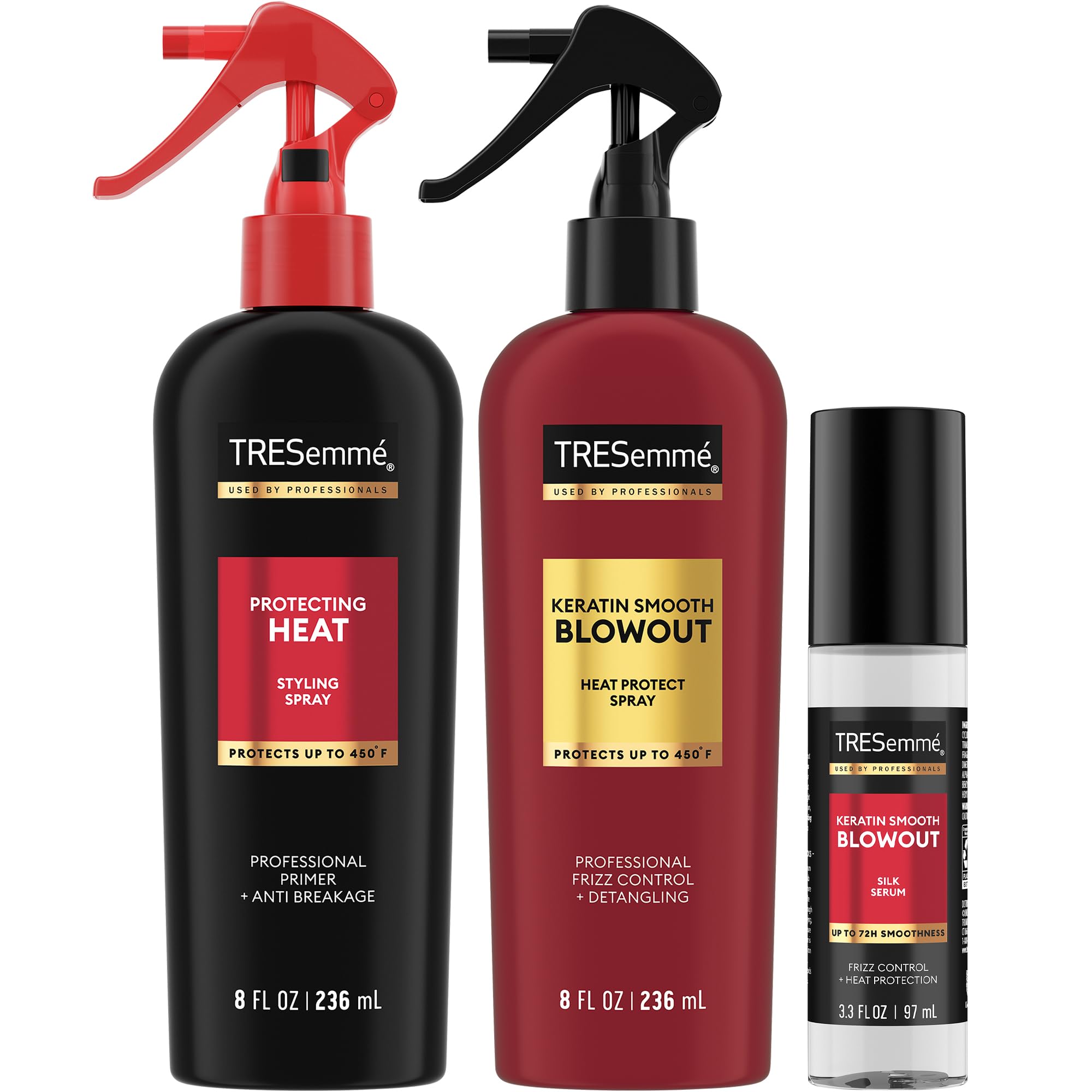 TRESemmé blowout set packshot with keratin spray, heat spray, silk serum