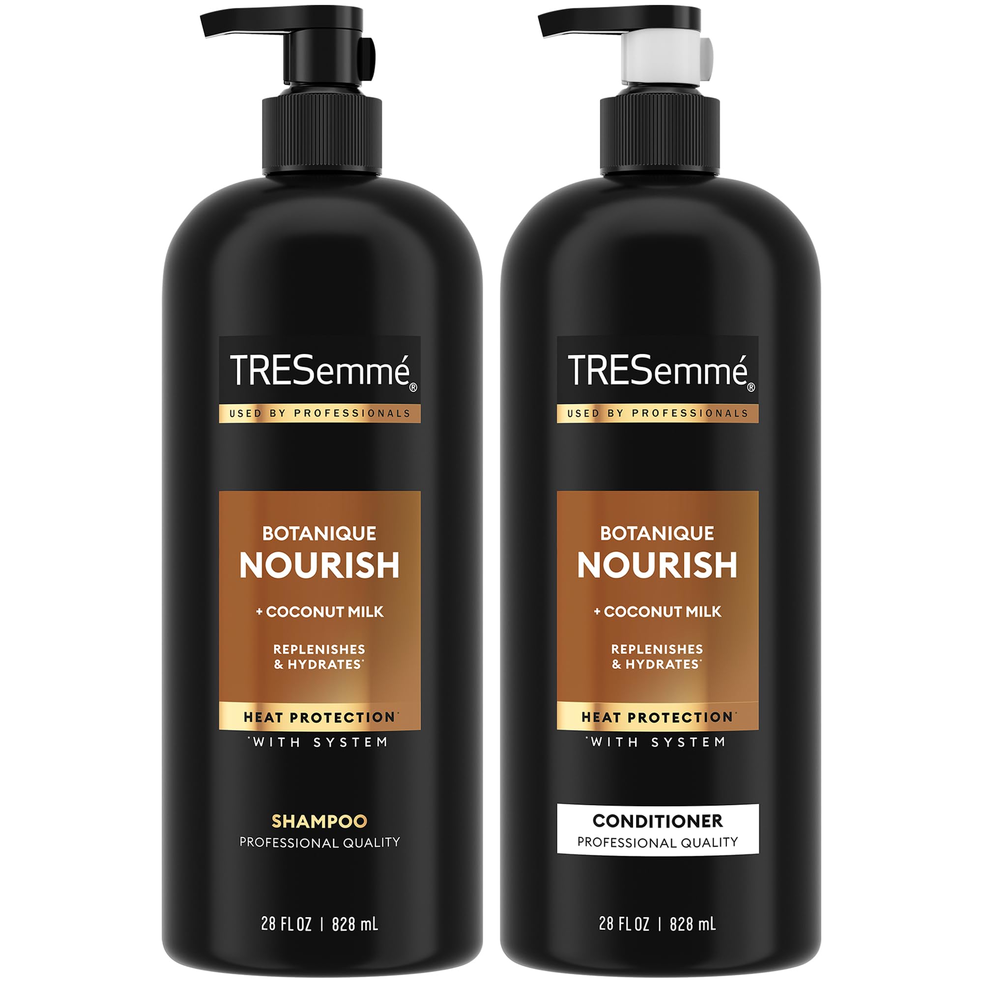 TRESemmé Botanique Nourish shampoo bottle highlights coconut milk hydration for frizz control.